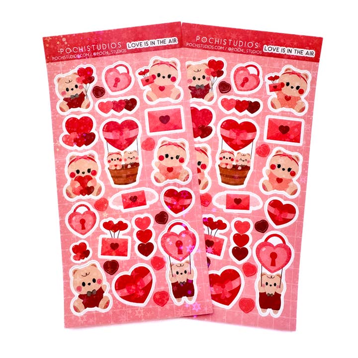 Feuille d'autocollants holographiques Cute Love Is In The Air Baby Bears pour la vente par Pochistudios