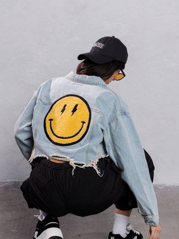 Trio Urban - Vente Veste en jean – femme - Veste courte en jean jaune Smiley Face5