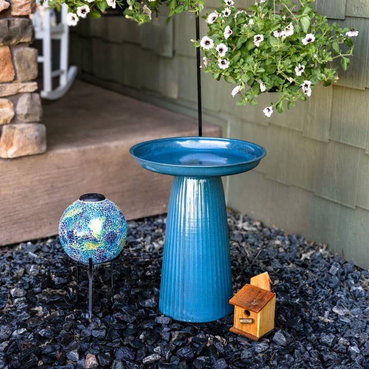 Gleeful Garden Metal Outdoor Bird Bath - Blue Glaze for wholesale by Sunnydaze Decor