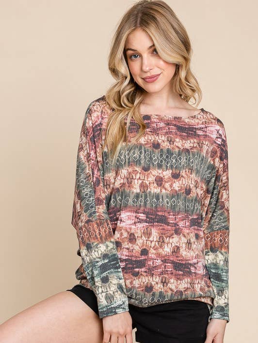 ETK-8984-PL Plus Size Printed Causal Top With Dolman Sleeves for wholesale by Emerald Collection