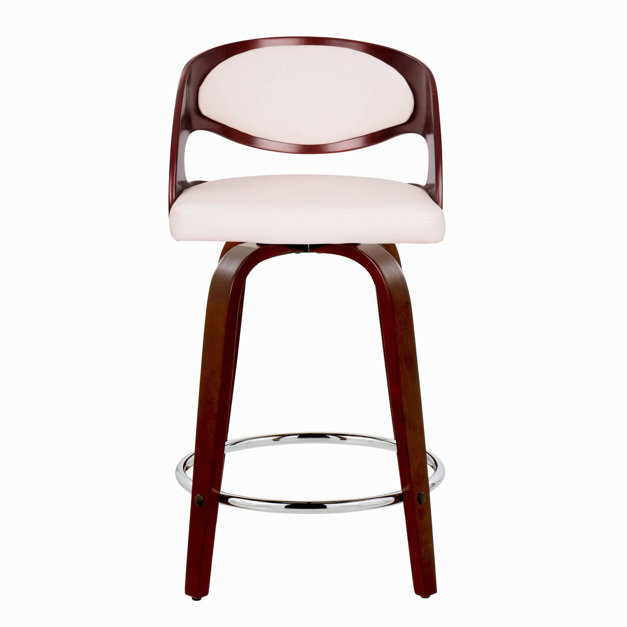 Cherry Wood White PU Chrome Metal Pino 24" Fixed-Height Barstool - Set of 2 for wholesale on Faire5