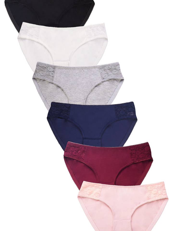 247 Frenzy - Wholesale Underwear - Women's - PACK OF 6 SOFRA WOMEN'S COTTON BLEND SIDE LACE TRIM SOLID BIKINI (LP1463CK)