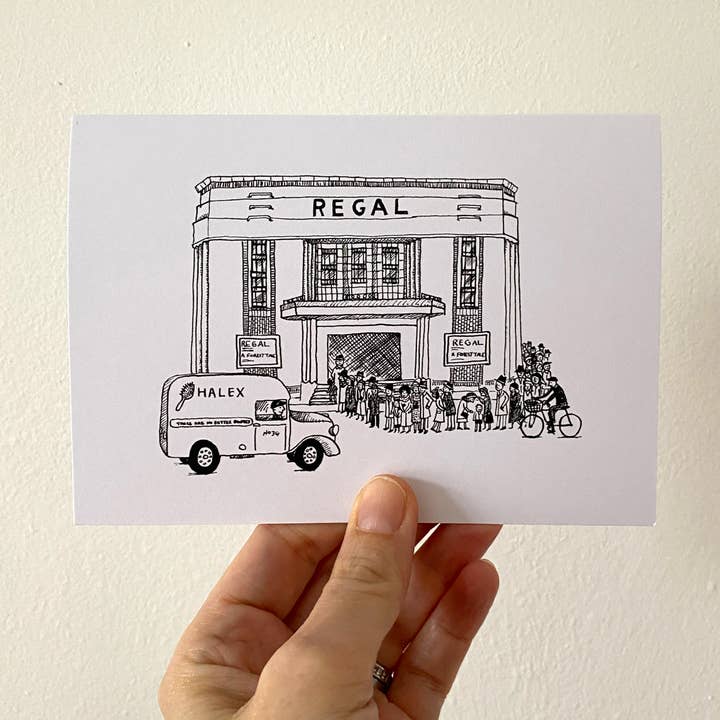Regal cinema, Highams Park A6 card for wholesale by Juliet Thomas Doodles
