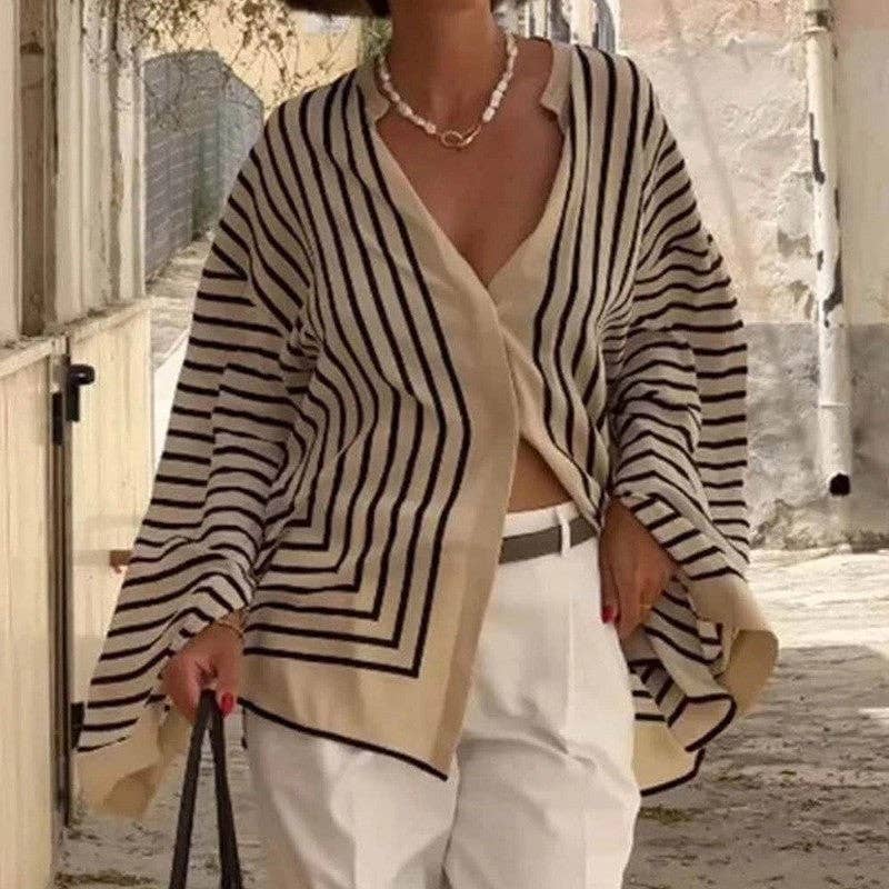 KHAKI Long Sleeve Striped Loose Fit Shirt for wholesale on Faire0