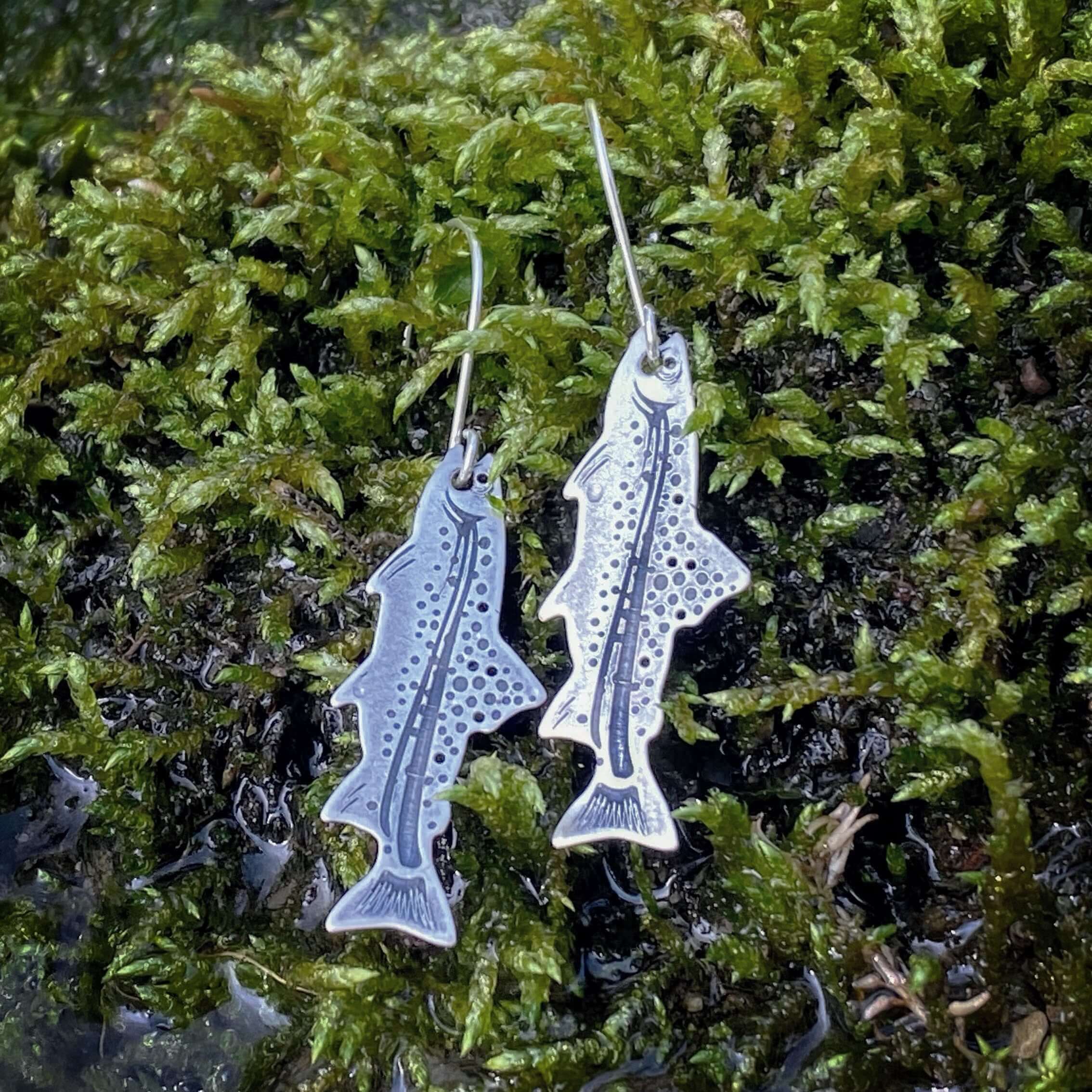 Daphne Lorna – wholesale Dangle earrings – Fishing Trout Earrings –  Montana Wildlife Jewelry, Matte Silver or Antique Brass5