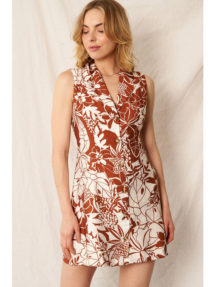 Ivory Brown Printed Sleeveless Button Down Mini Dress for wholesale on Faire