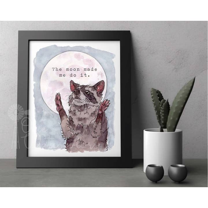 Raccoon with Moon "The moon made me do it." 8"x10" Art Print for wholesale by Okie Watercolors