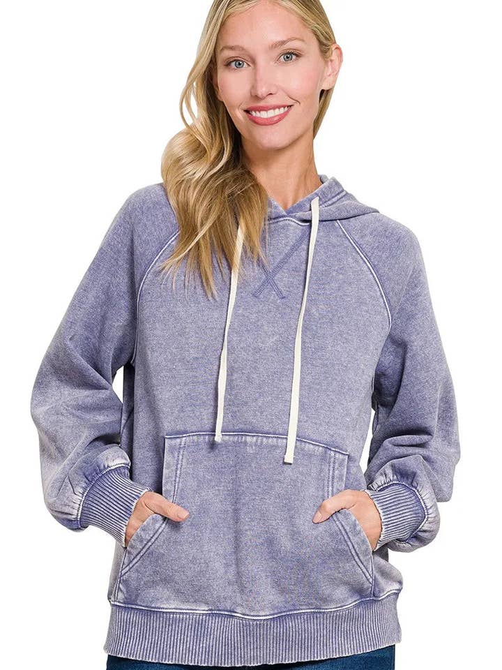Zenana Acid Wash Fleece Hoodie with Kangaroo Pocket for wholesale by Ray's Organic's