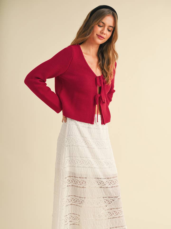 Red J4721 LONG SLEEVE KNITTED TIE FRONT CARDIGAN for wholesale on Faire