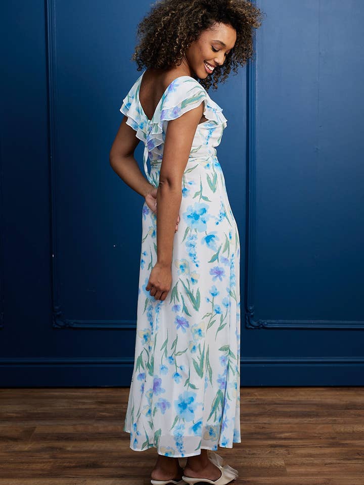 ANGELEYE - Wholesale Dress - Women's - Flutter Sleeve Maxi Dress with Tie Belt in White Blue Floral4