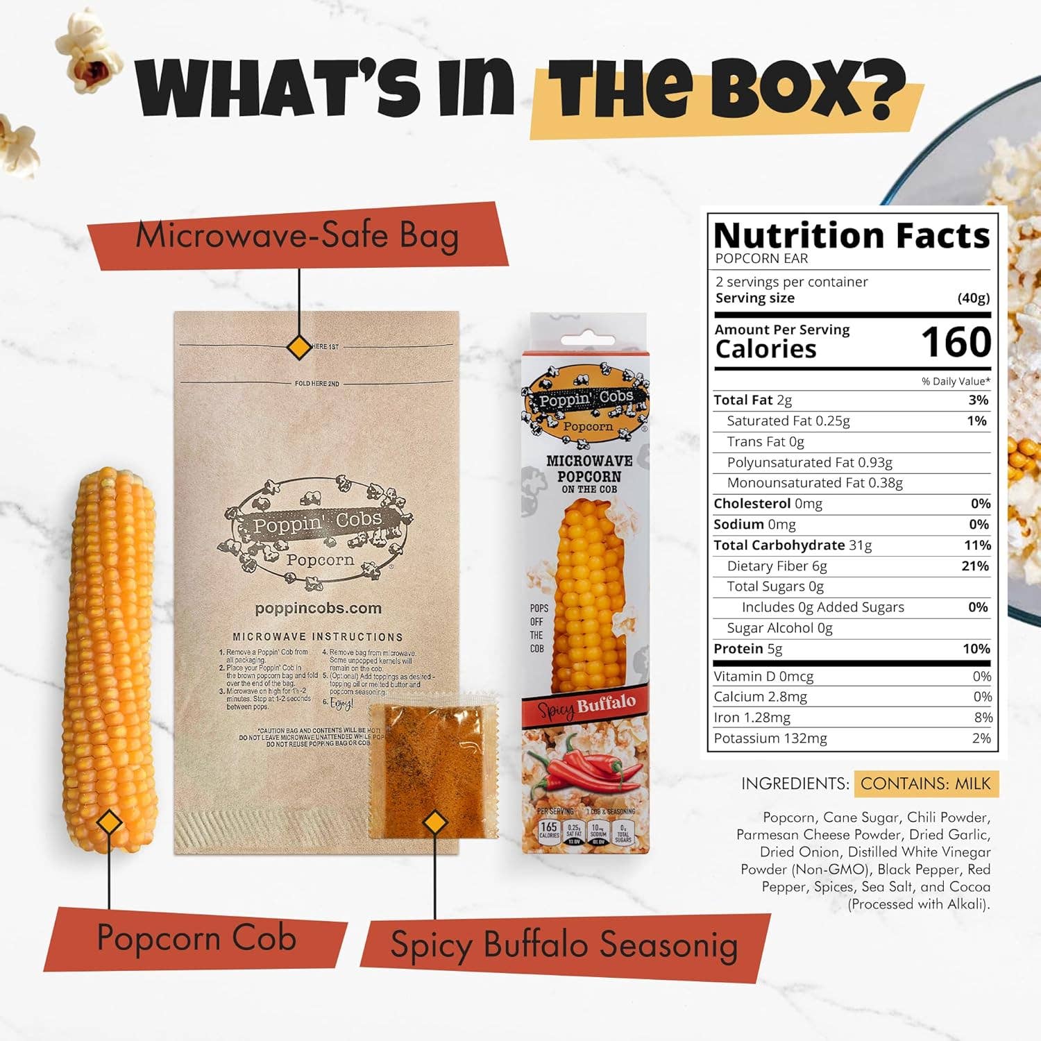 Poppin' Cobs Popcorn - Wholesale Popcorn - Popcorn on the Cob with Spicy Buffalo Seasoning  1