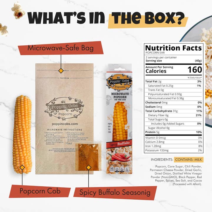Poppin' Cobs Popcorn - Wholesale Popcorn - Popcorn on the Cob with Spicy Buffalo Seasoning 1