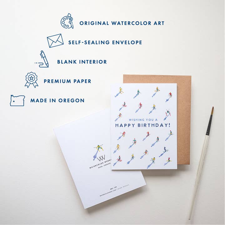 Watercolor Wednesday - Wholesale Birthday Card - Skiing Birthday Card | Winter Happy Birthday Card for Skier1