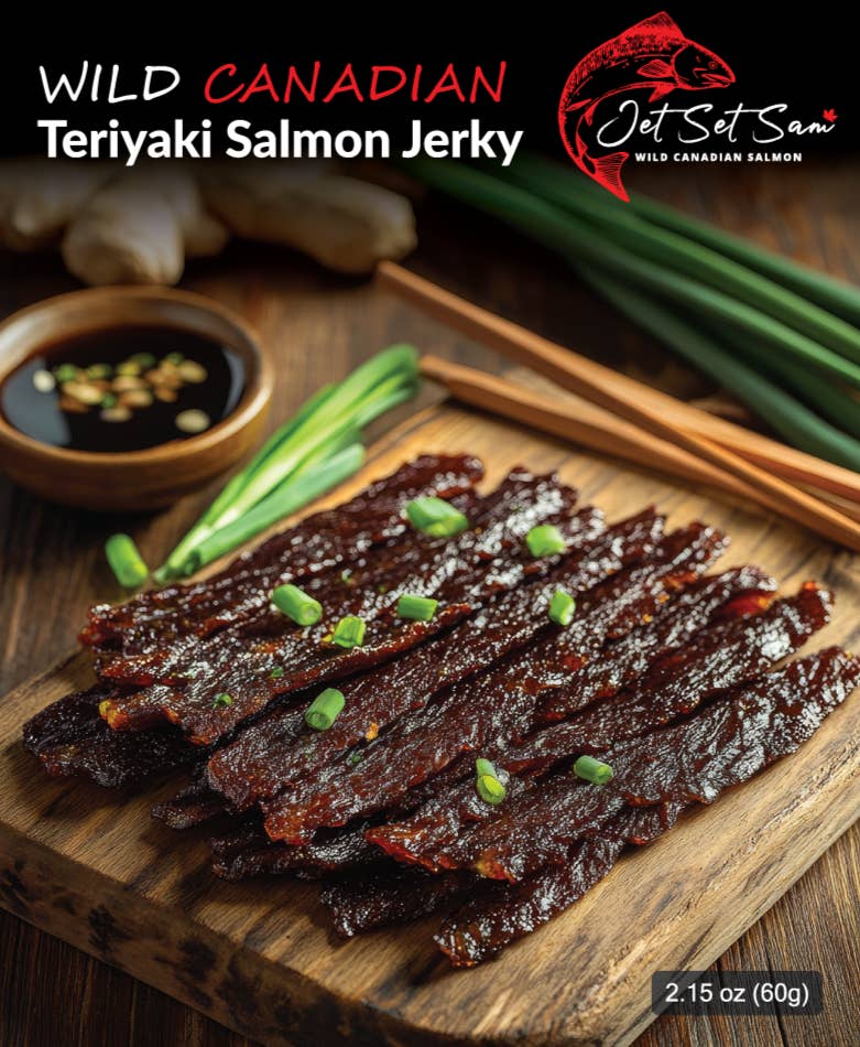 Jet Set Sam Gourmet Foods - Wholesale Jerky - Wild Canadian Smoked Salmon Jerky Teriyaki Flavor