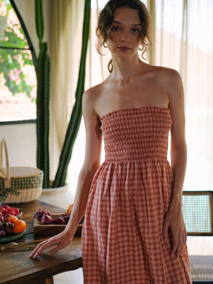 Pink Haley - Wholesale Dress - Women's - Ava Strapless Crinkle Gingham Dress in Persimmon