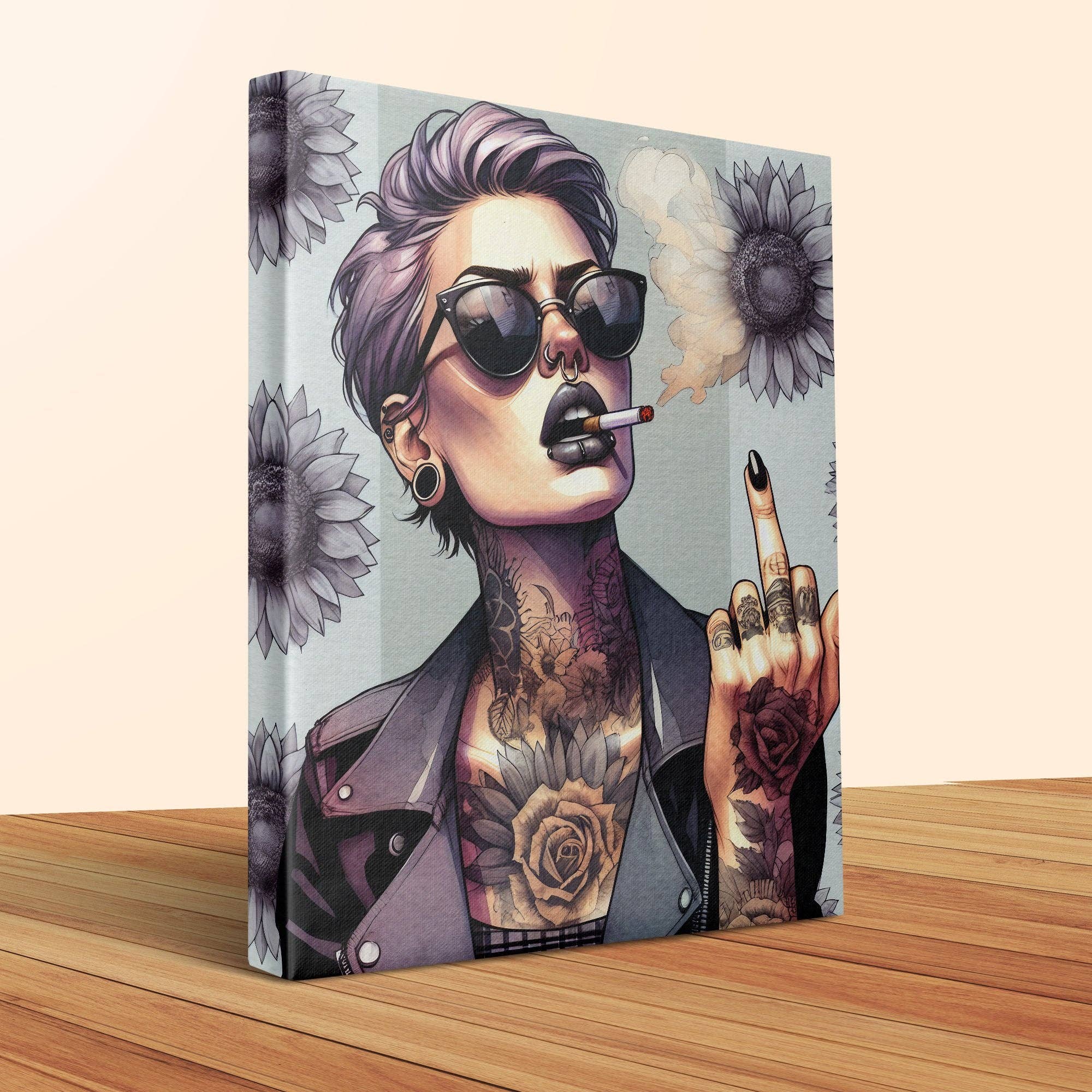 FreakyTeeFactory – Poster por atacado – Poster Edgy Punk Girl, Arte de Parede de Mulher Tatuada, Arte de Cabelo Roxo, Impressão em Tela de Fumaça e Atitude, Decoração de Casa Street Style, Ideia para Presente7