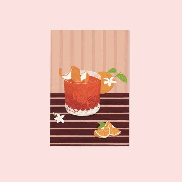 Negroni Postcard | Old Fashioned Cocktail Booze Post Card for wholesale by Vero Illustrates Art Prints and Greeting Cards