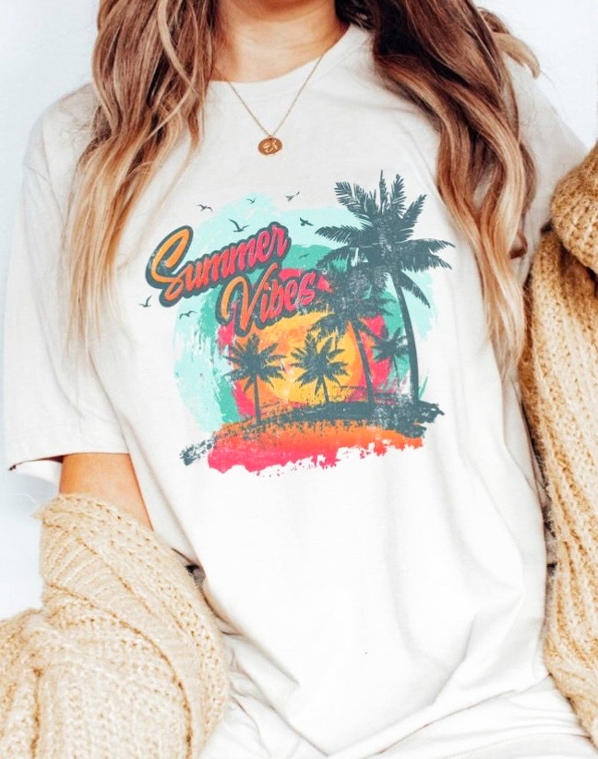 Peach Closet - Vente T-shirt sérigraphié – femme - T-shirt effet vieilli Summer Vibes avec palmiers0
