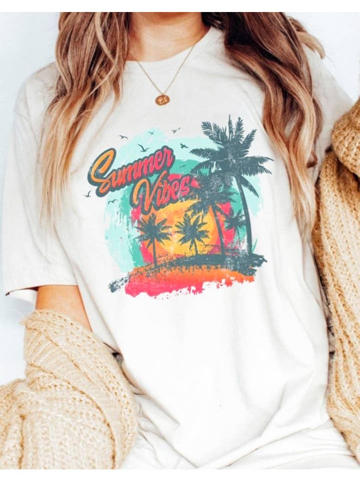 Peach Closet - Wholesale Screen Printed T-Shirt - Women's - Distressed Summer Vibes With Palm Trees Tee