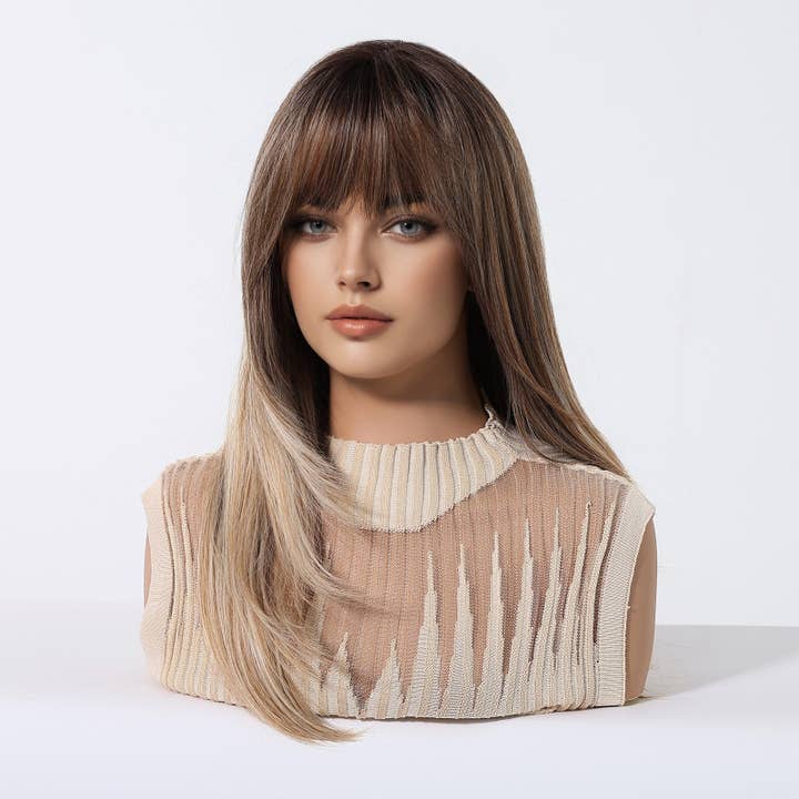 Cross-Border New Black Brown Long Straight Synthetic Full Wig With Air Bangles for wholesale by kycozy