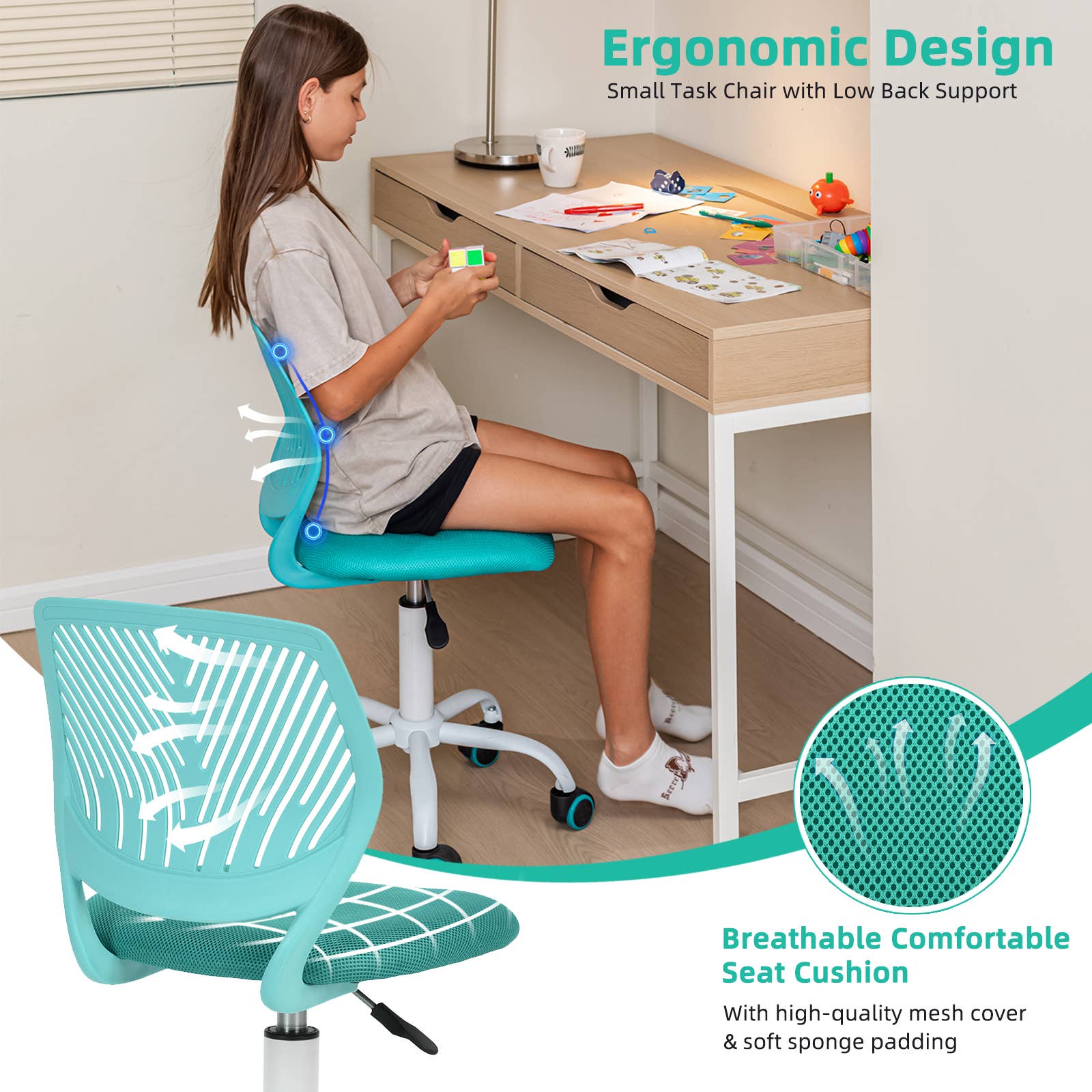 39F Inc. – Großhandel Stühle – Furniturer Carnation Drehbarer Bürostuhl für Jugendliche aus Kunststoff und Mesh10