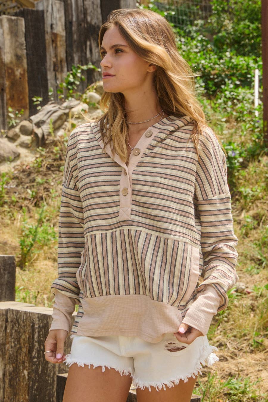 Oddi - Wholesale Hoodie - Women's - Textured Striped Jacquard Hooded Sweatshirt 5