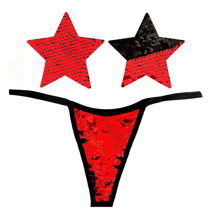 Sookie Flip Sequin Red & Black Pastie and Pantie Lingerie Set for wholesale by Neva Nude