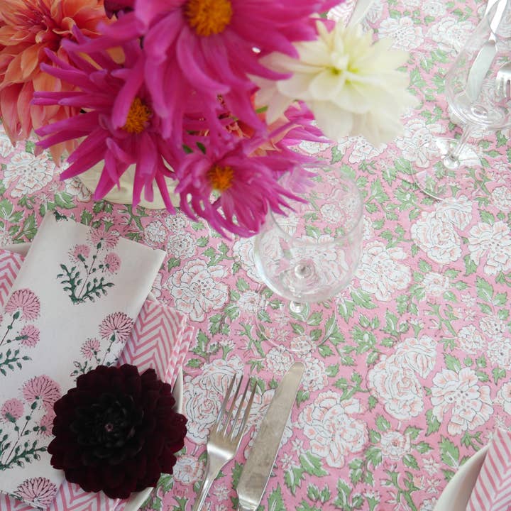 Constance & Denny – wholesale Tablecloth – IN BLOOM PINK hand block printed tablecloth1