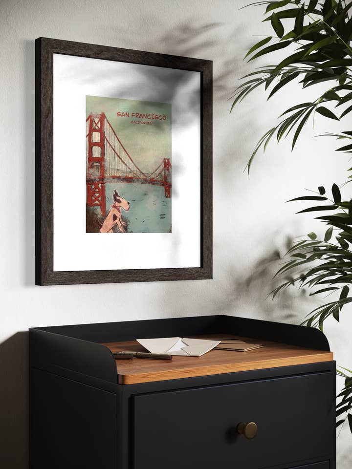 Scène du pont du Golden Gate à San Francisco avec chien Impression artistique pour la vente par Bernie Street Studios