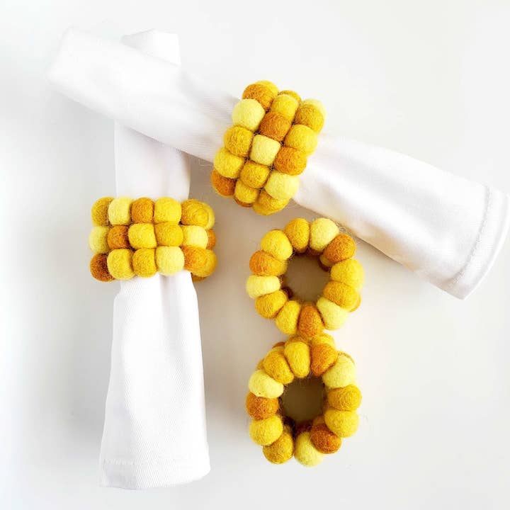 Mustard Medley Yellow Handmade Wool Felt Pom-Pom Napkin Ring for wholesale by Global Groove Life