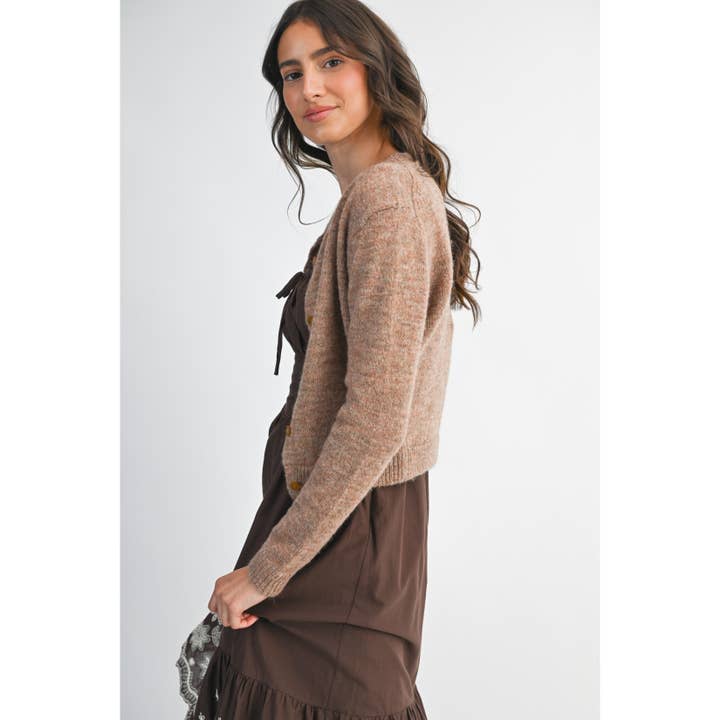 MOCHA MOUSSE ELEGANTLY CRAFTED BROWN KNIT WOOL CARDIGAN for wholesale on Faire8
