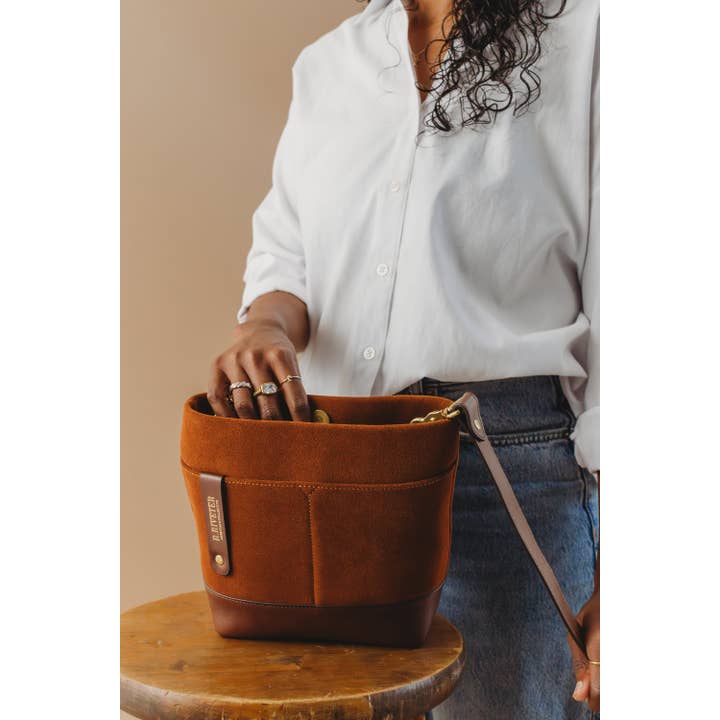 R.Riveter - Wholesale Crossbody bag – Women's - Betsy Bucket Bag | Rust Suede + Brown3