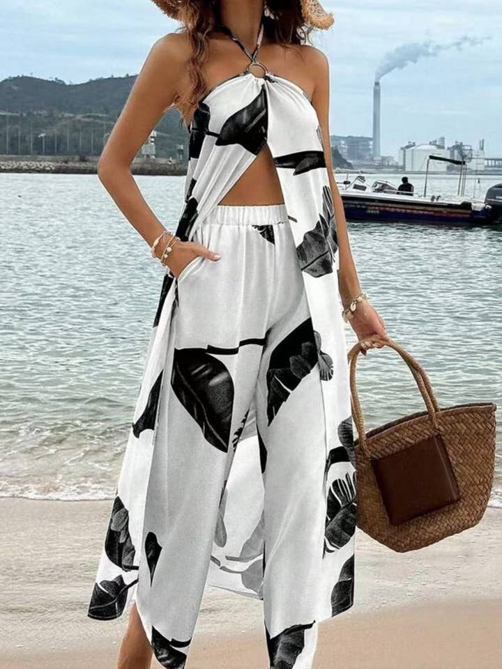 ENSEMBLE HAUT DOS NU FLORAL & PANTALON À JAMBES DROITES CWSTB2005 pour la vente par NINEXIS