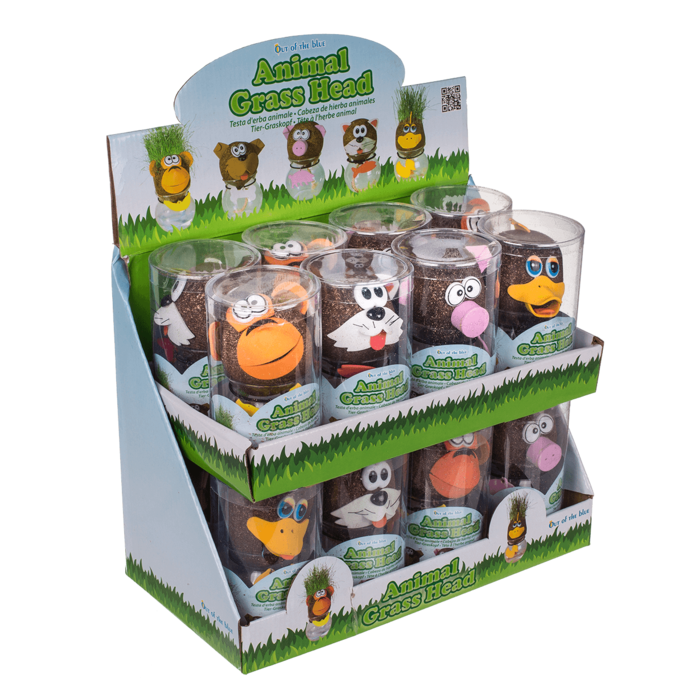 Out of the blue KG - Wholesale Retailerdisplay - Kinderen en baby - Dierlijke grasbollen, 12,5 cm, 5 assorti, in plastic doos, 16 stuks per display2