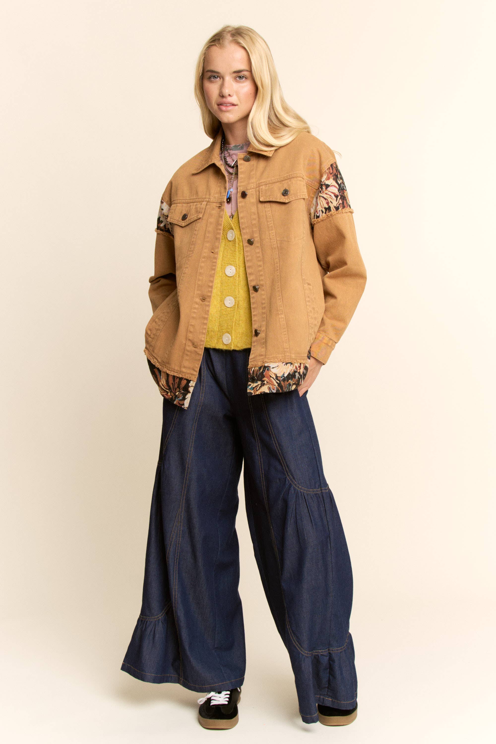 Davi & Dani - Wholesale Jacket - Women's - STONE WASHED DENIM JACQUARD PANEL MIDI JACKET10