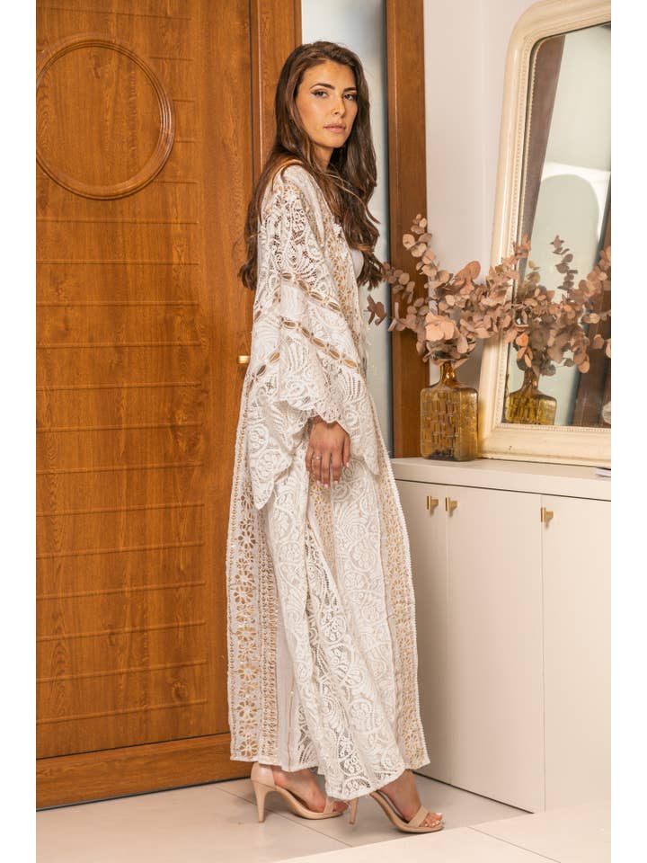 koffiemelk Kimono strandcardigan met geborduurde kant en franjes voor groothandel op Faire3