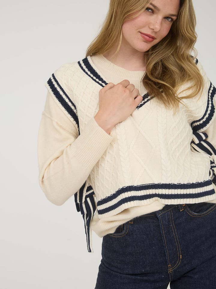 CONTRAST LINE TRIM SIDE TIE KNIT SWEATER VEST for wholesale by Blu Pepper