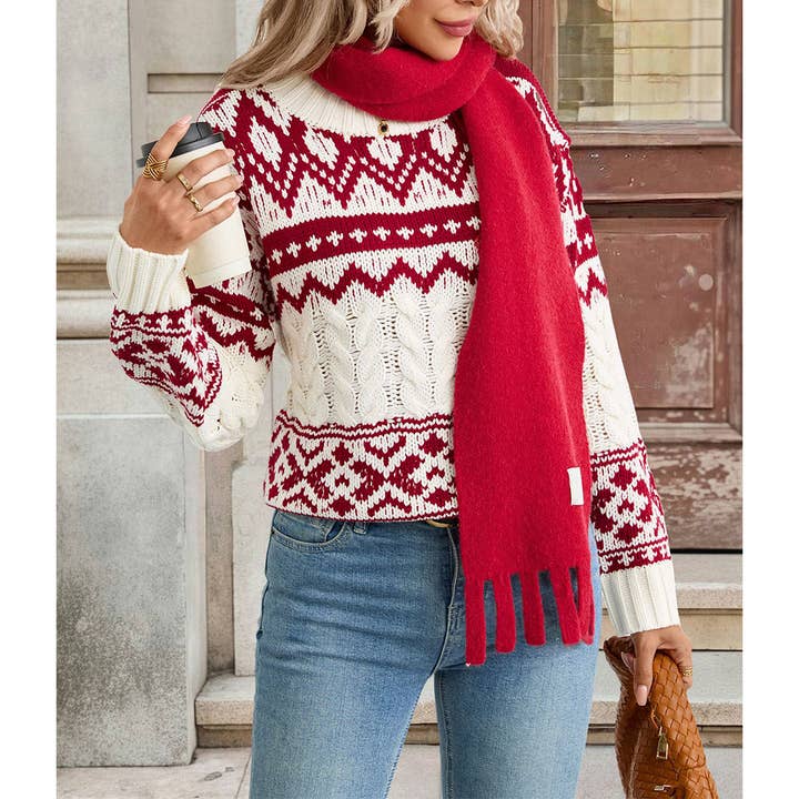 Red Ethnic Vintage Warm Round Neck Long Sleeve Sweater BFZY1726 for wholesale on Faire1
