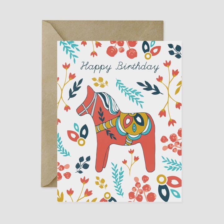 Geburtstagskarte A2 mit rotem Dala-Pferd für den Großhandel von Nordic Fox Design Co.