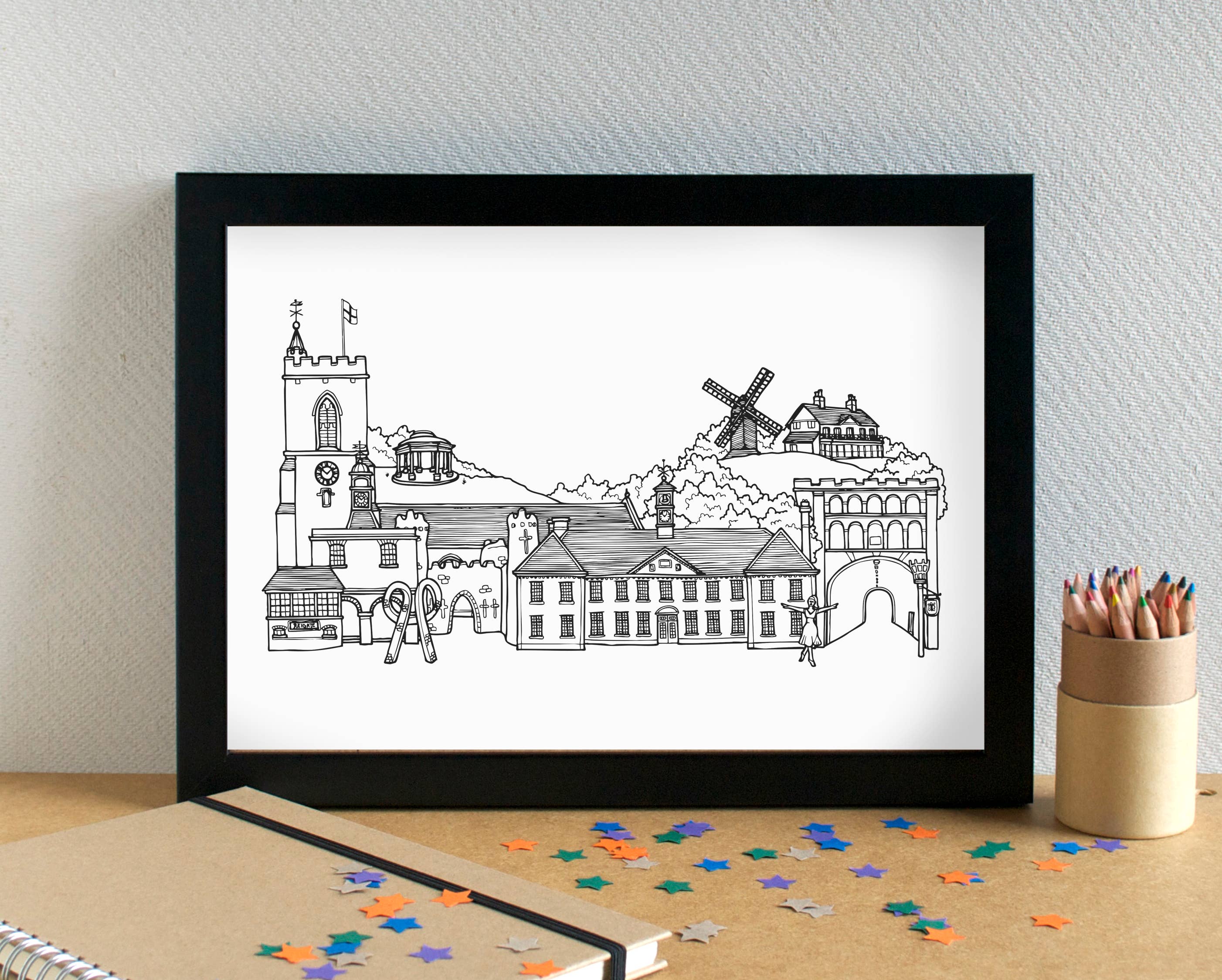 Becka Griffin Illustration - Wholesale Art Print - Reigate Skyline Landmarks Art Print - unframed1