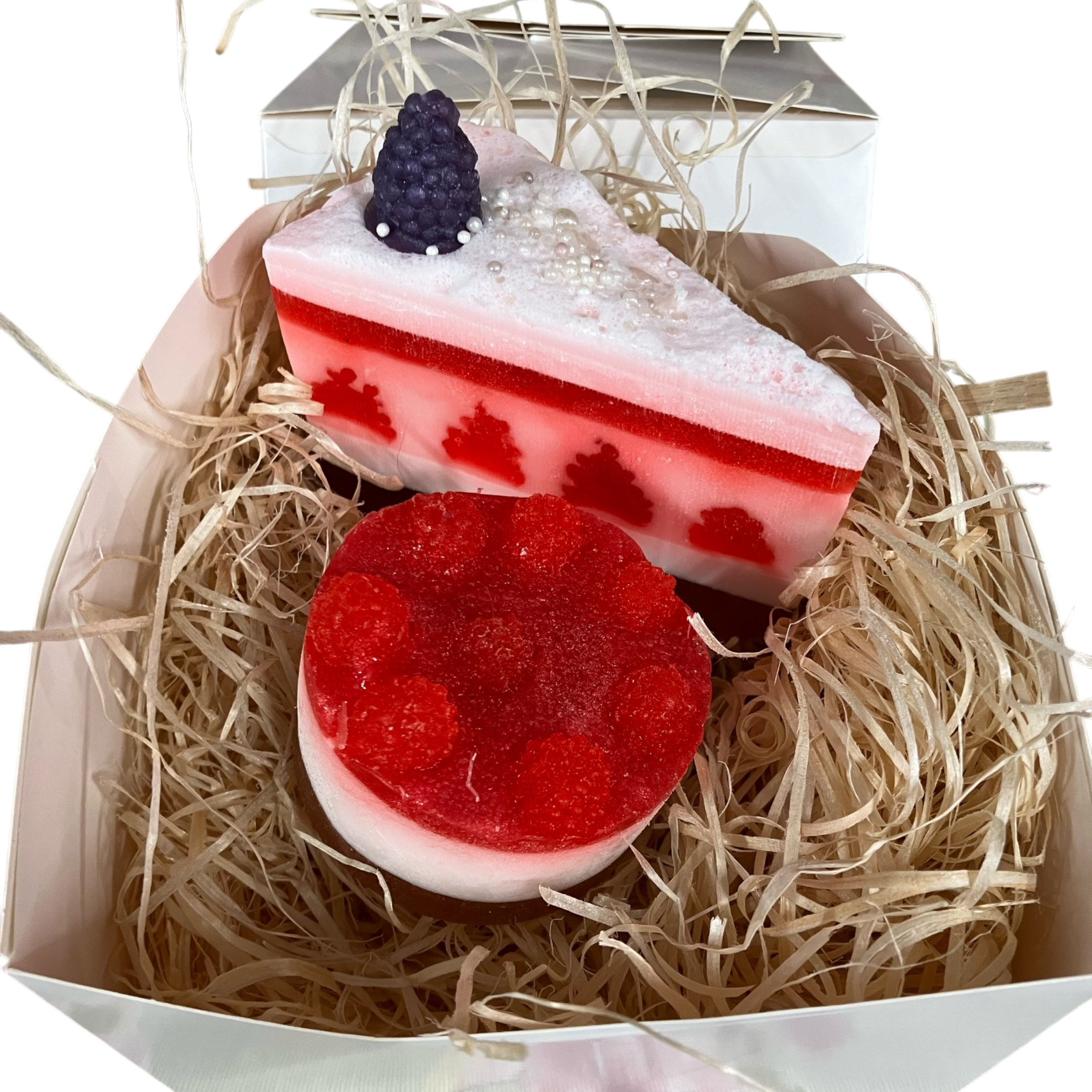 The Stuff I Love - Wholesale Bar Soap - Bakery Cake Soap Gift Set in Fruit Berry Fragrance: Raspberry Cheesecake and Berry Cake Slice in a Bakery Box1