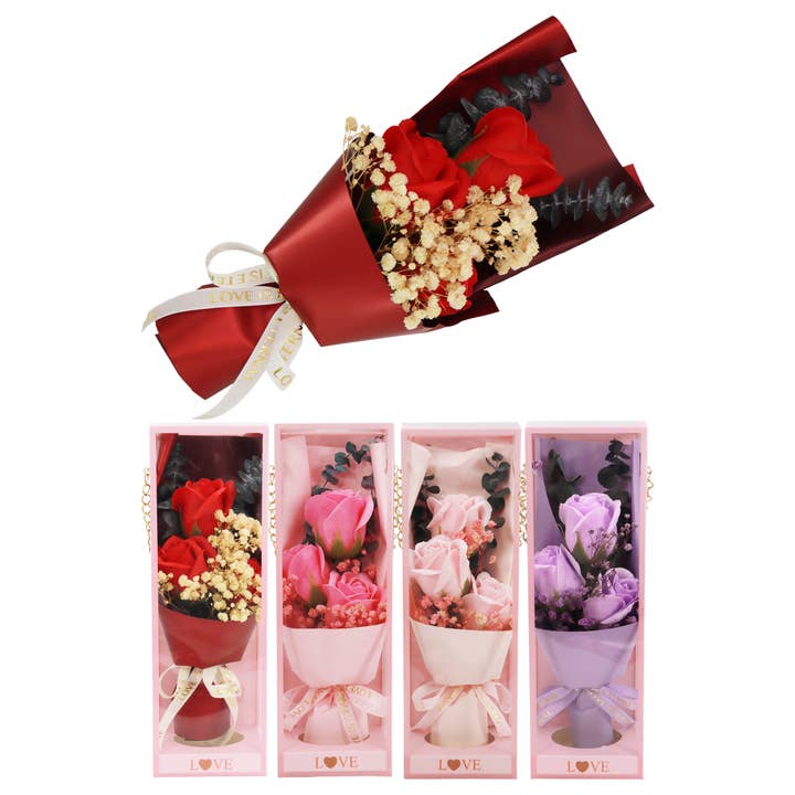 ASSORTED Soap Rose Floral Bouquet Pink Gift Box - 5 Pcs for wholesale on Faire