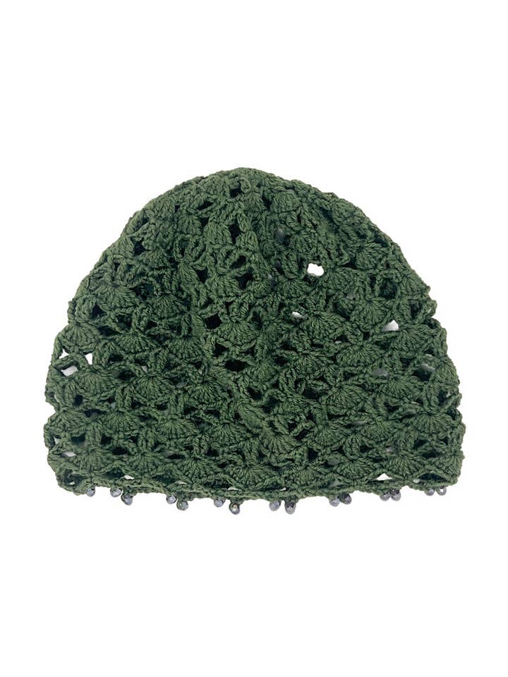 Cappellino all'uncinetto in lana verde scuro con cristalli for wholesale by Tétè Accessories