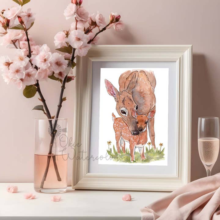 White-tailed Doe with Fawn, 8X10" Watercolor Art Print for wholesale by Okie Watercolors