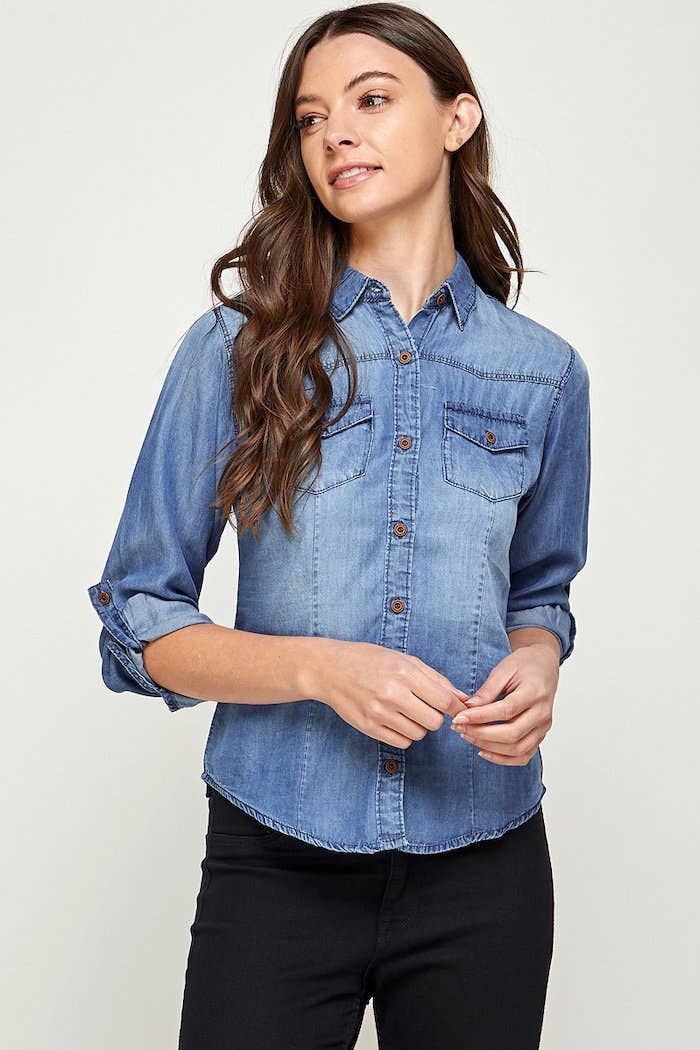 BLUE AGE - Wholesale Button Down Shirt - Women's - Chambray Denim Shirt with 2 Pockets7