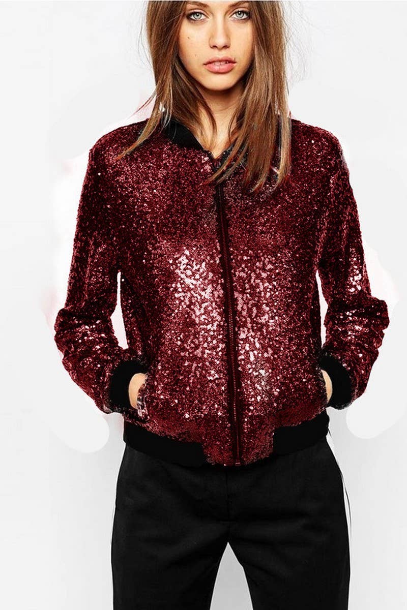 NINEXIS - Wholesale Coat - Women's - CWOCO1128_SEQUINED LONG SLEEVE ZIP-UP BASEBALL JACKET6