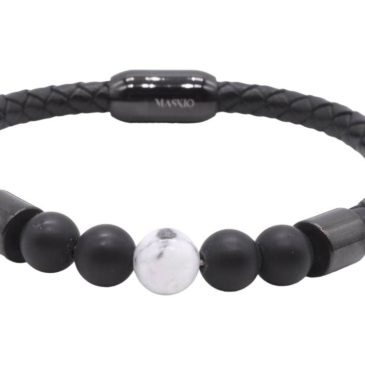 Maskio Black Leather Bracelet with Onyx and Howlite Stones for wholesale by Maskio
