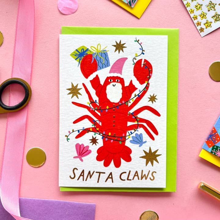Funny Lobster Santa Claws Christmas Card | Cute Coastal Holiday Card | Christmas Gold Foil Card | Nautical Xmas Card for wholesale by Kerrie Illustrates