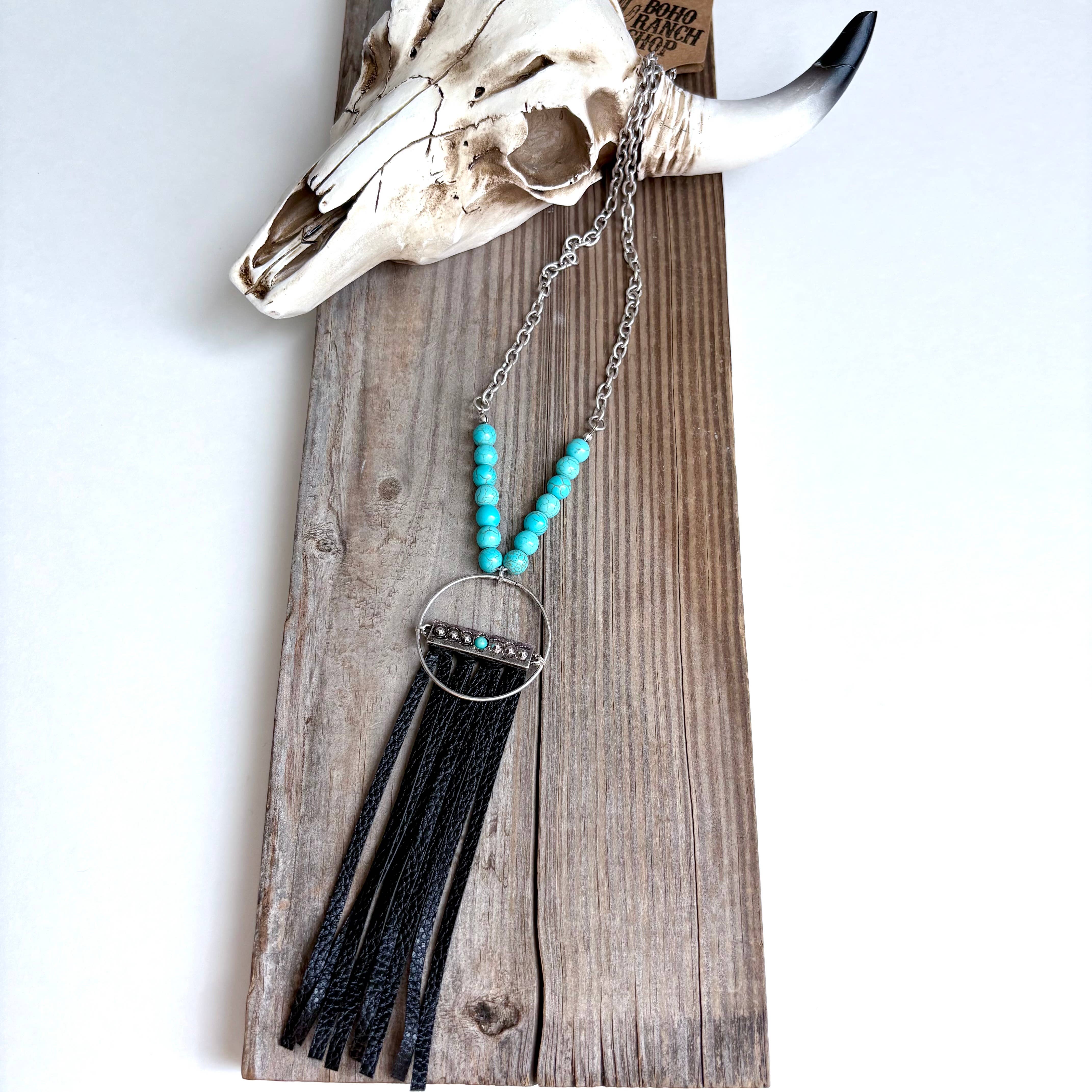 Boho Ranch Shop - Wholesale Pendant/Charm Necklace - Western Boho Leather Tassel Pendant and Stone Long Necklace 4