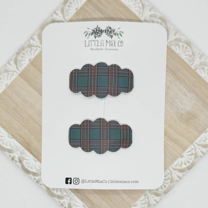 Green & Red Plaid 2” Snap Clip Duo for wholesale by Little Mia Co.